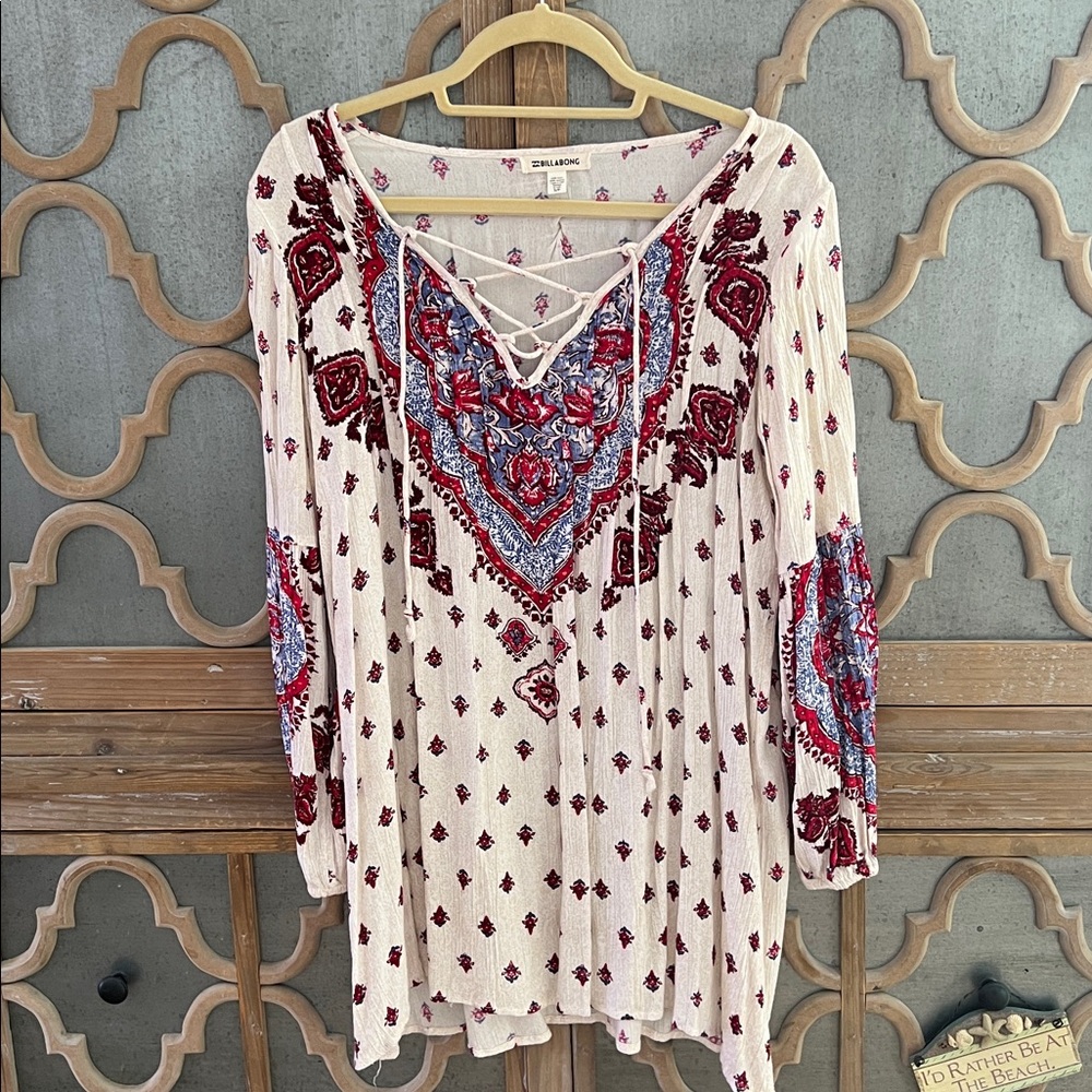 Billabong Floral Lace-Up Top in Red and Blue